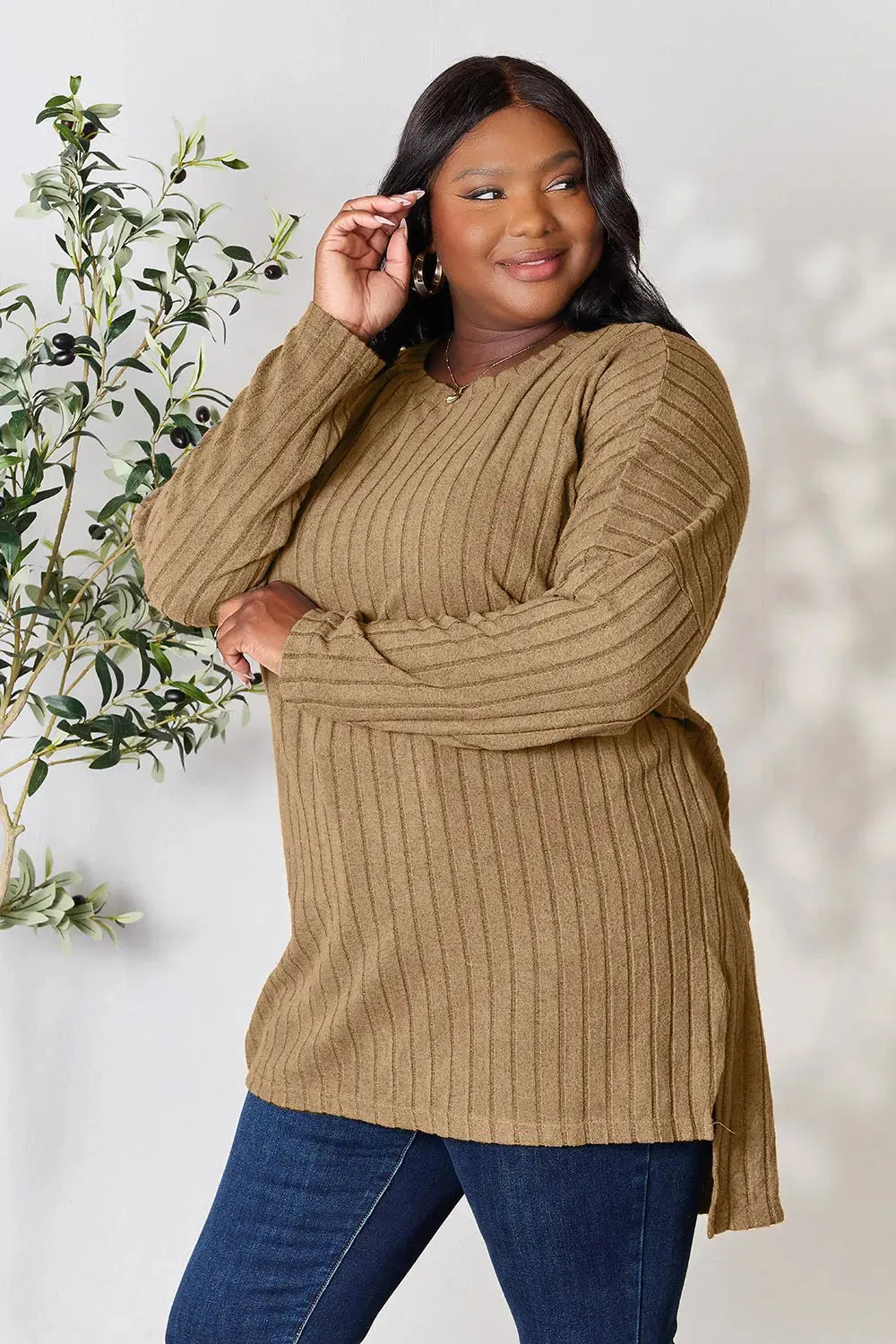 Basic Bae Full Size Ribbed Round Neck Long Sleeve Slit Top - Love Salve